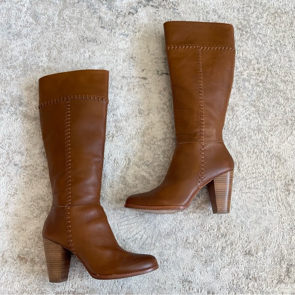 Joie Tall Leather Cognac Exposed Stitch Block Heel Boots - Picture 10 of 12